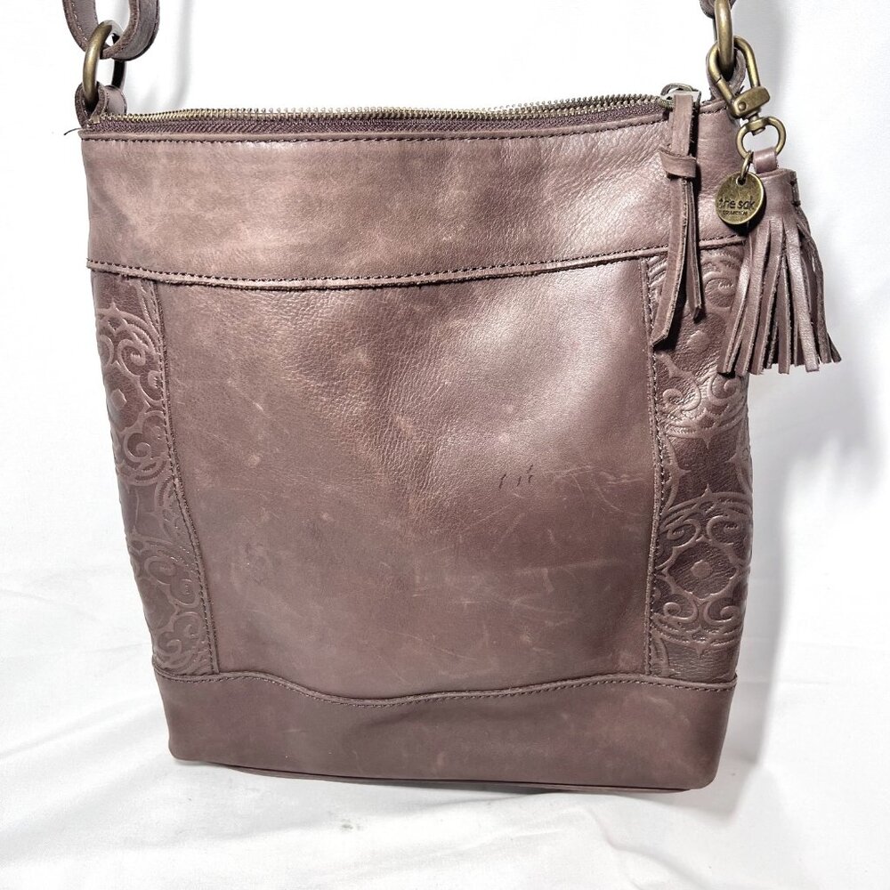 The Sak Collection-Brown Leather Embossed Floral Sides-Black/Pink inside-Phone - Picture 1 of 15